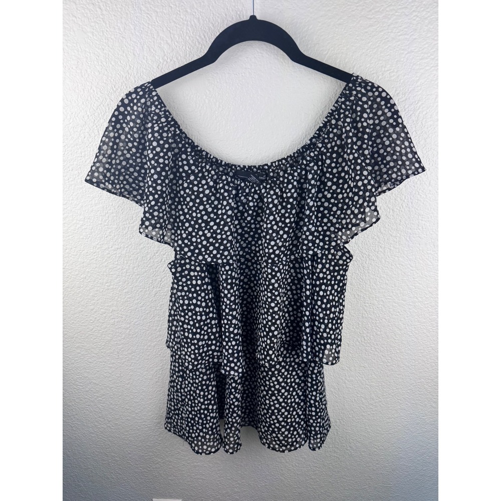 Willi Smith Womens Black White Polka Dot Tiered Ruffle Off Shoulder Top Blouse M